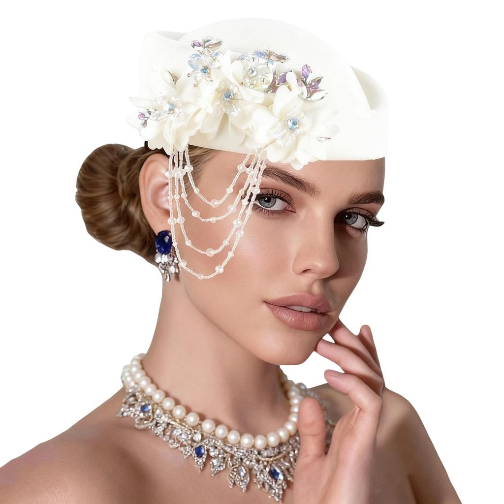 Retro British Hat for Women 3D Floral Rhinestone Decorated Beret Cap Cosplay Costume Accessories