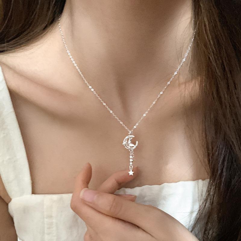 Korean Style Delicate Moon Butterfly Tassel Collarbone Necklace