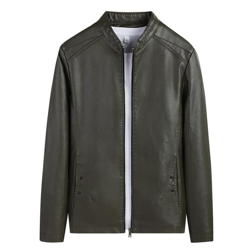 Autumn and winter men's leather jacket fashion trend velvet casual leather jacket men's multi-bag stand-up collar locomotive