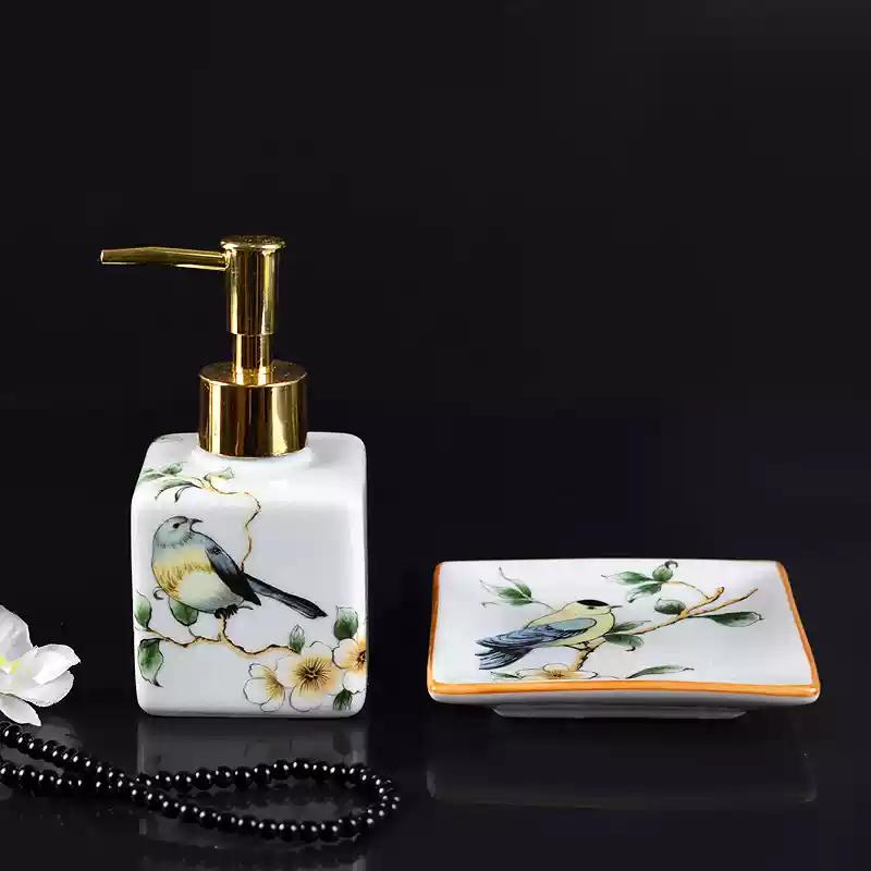 Ceramic Wash Two-piece Set Bathroom Wash Set Ceramic Hand Sanitizer Bottle Press Type Shampoo Bottle Soap Dish Toilet Soap Rack
