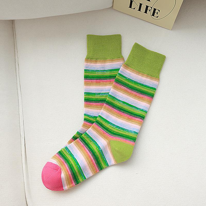 Ladies Autumn and Winter Vintage Color Striped High Tube Pile Socks