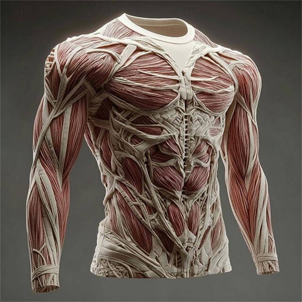 2026 New Men's 3D Muscle Print Long-Sleeve T-Shirt Fitness Crewneck Breathable Athletic Wear Stylish Bold Everyday Streetwear