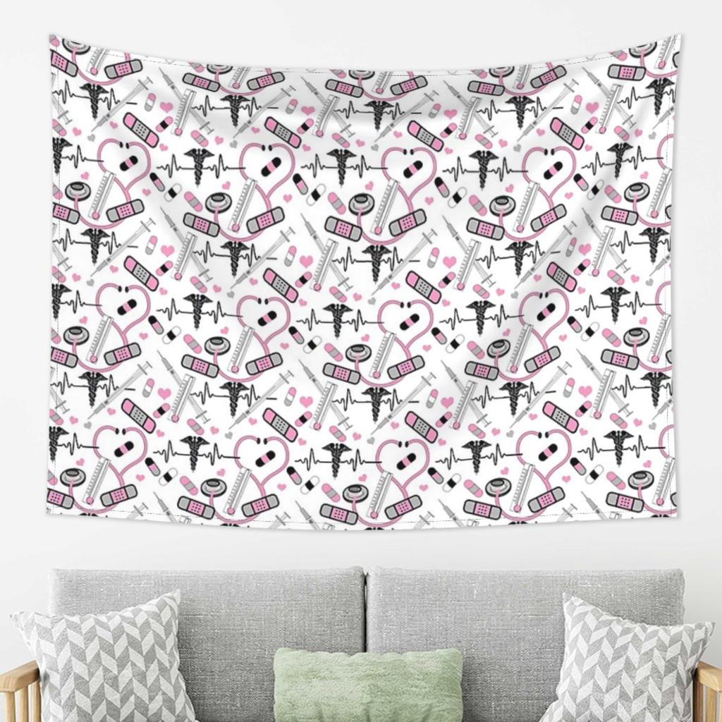 Cute Stethoscope Nurse Doctor EKG Pattern Tapestry Decor Art Aesthetic Tapestries for Living Room Home Wall Cloth Wall Hanging