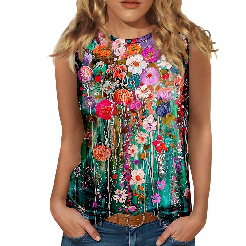 Floral Oil Painting 3D Print Tank Tops Women O-Neck Casual Vest Off Shoulder Y2k Elegant Sleeveless Top Camisole Woman Clothing