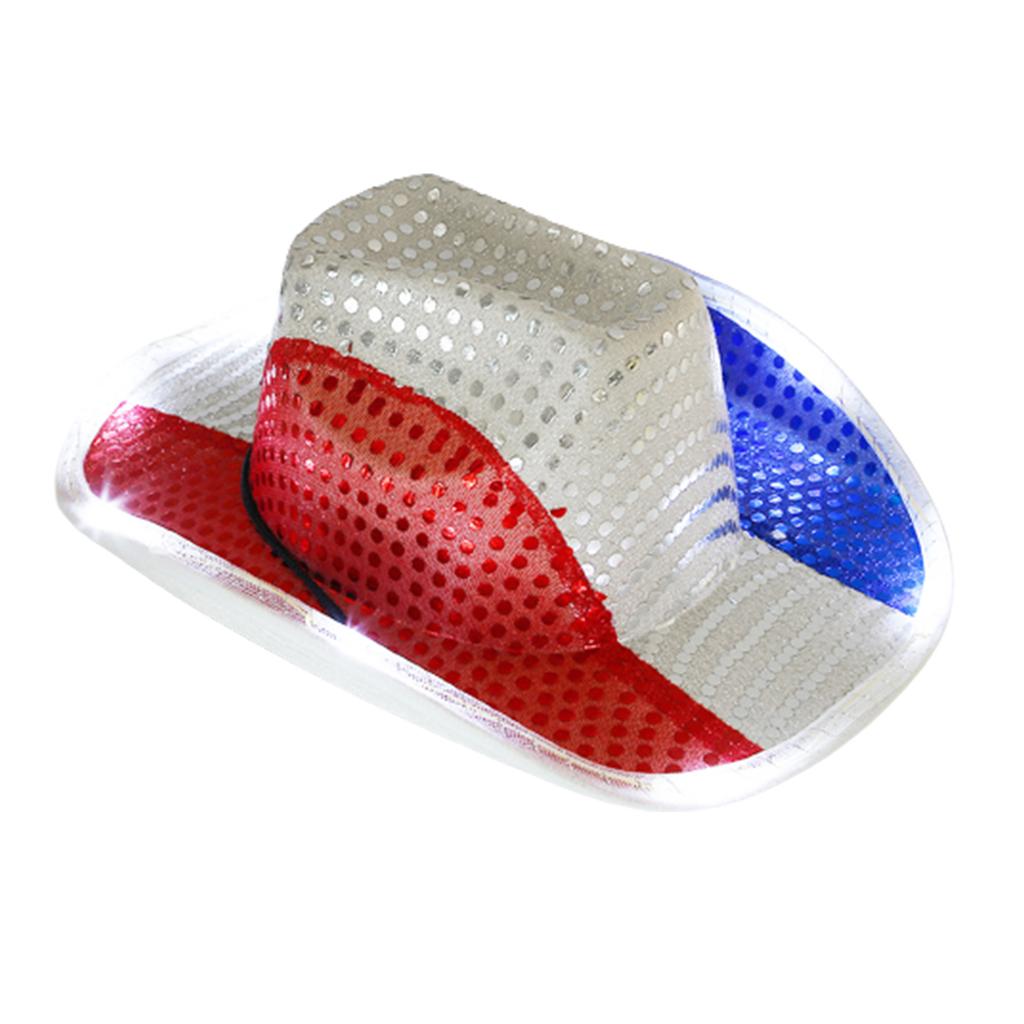 Light Up Cowboy Hat WesternStyle Sequins Hat US Flag Color LED Cowgirl Hat Adjustable Flashing Fedora Costume Accessory