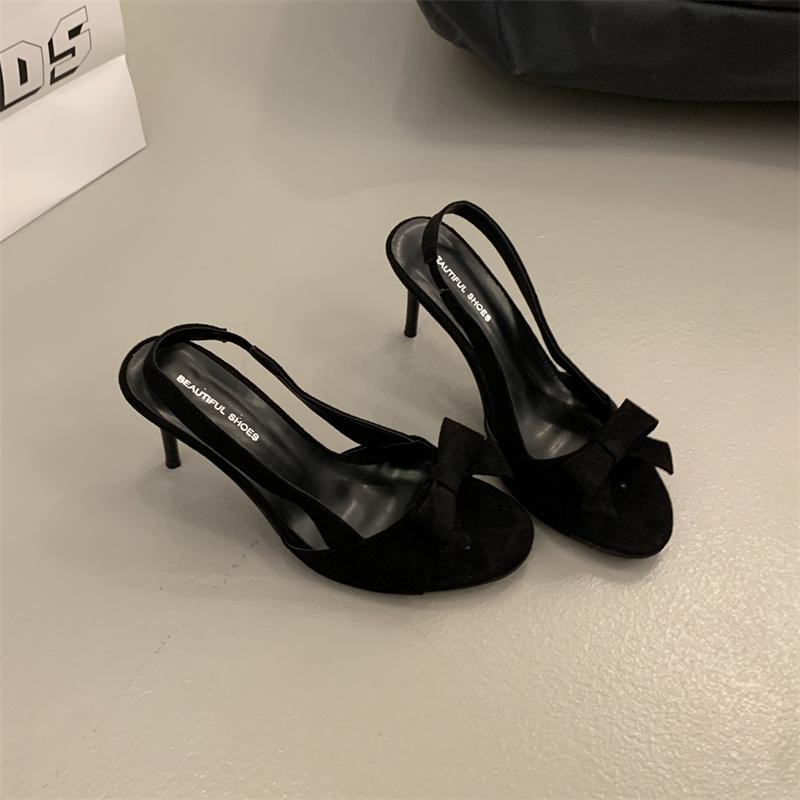 Fashion The 2025 Summer New French Bow Versatile Suede Thin Heel Sandals for Women To Wear with High Heels and A One-shoulder Strap