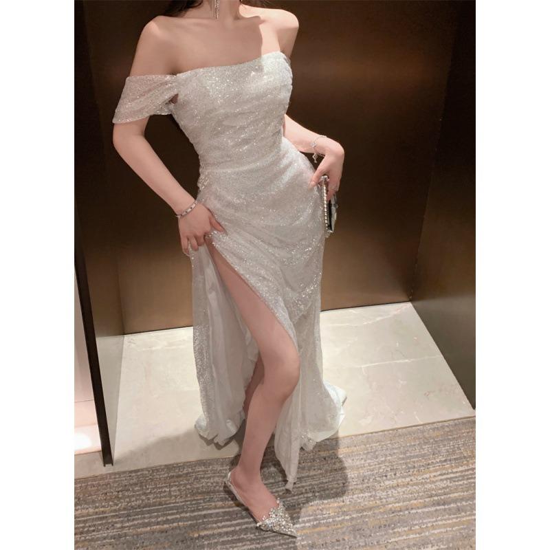 One-word Shoulder Light Luxury Evening Dress Skirt Women's High-end Sense Banquet Temperament Socialite Host High-end Niche Super Flash