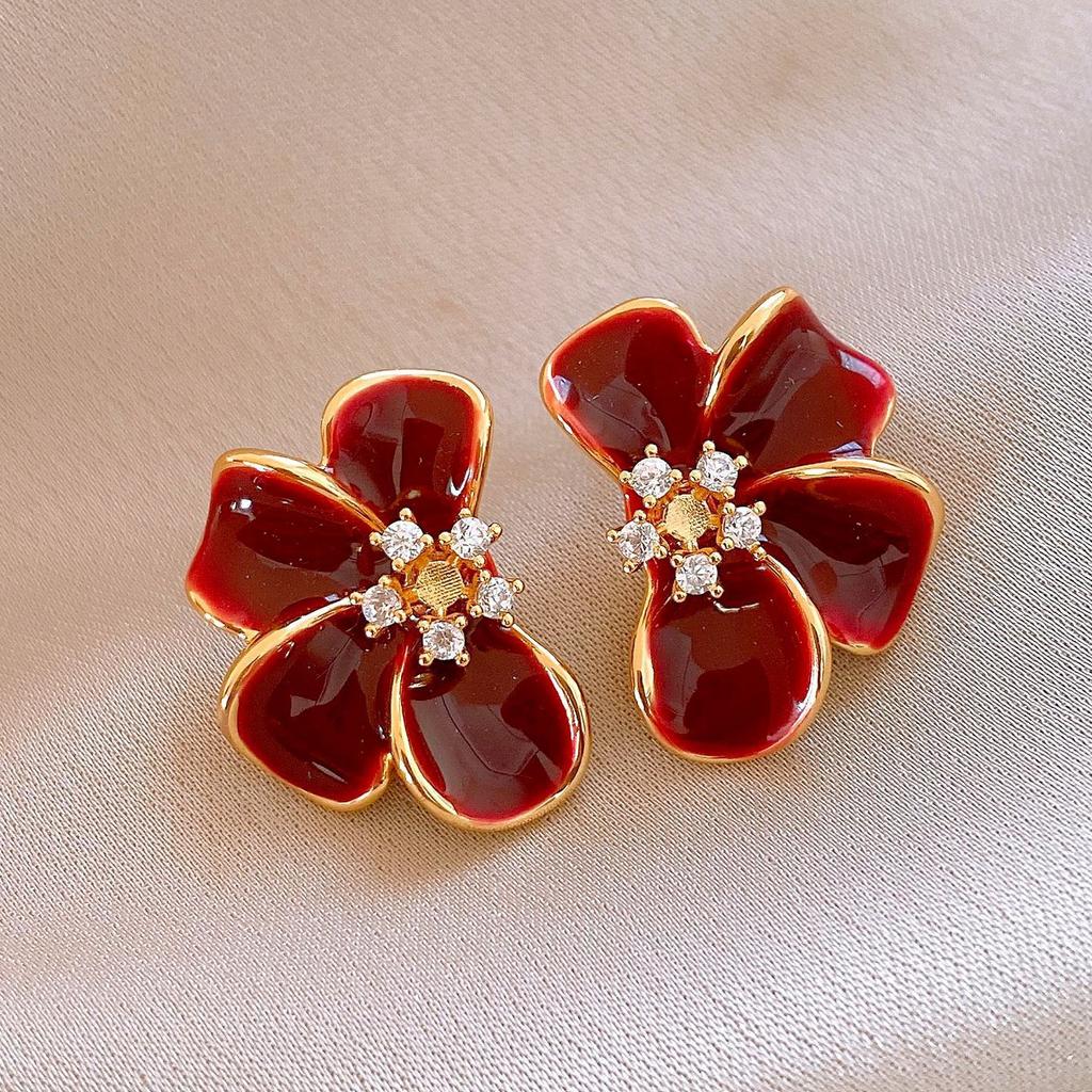 Vintage Simple Zircon Drip Oil Red Apple Earrings Stud Earrings Exquisite Earrings Women