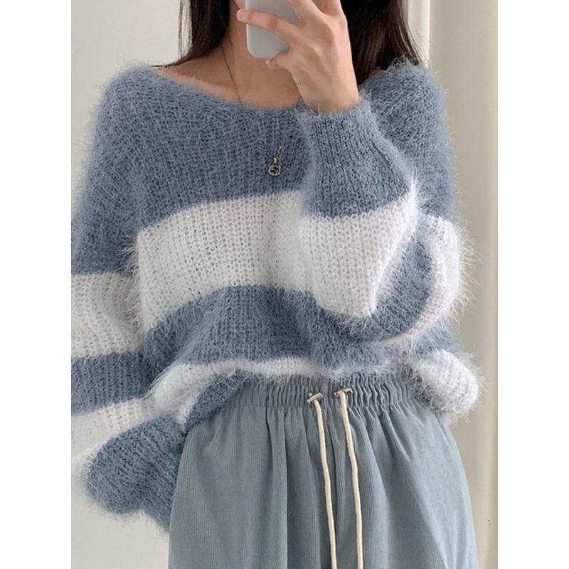 

Осенне-зимний полосатый ретро универсальный свитер женский чистый желаемый ленивый V-образный вырез имитация норки нежный трикотажный топ с длинным рукавом average size светло-синий