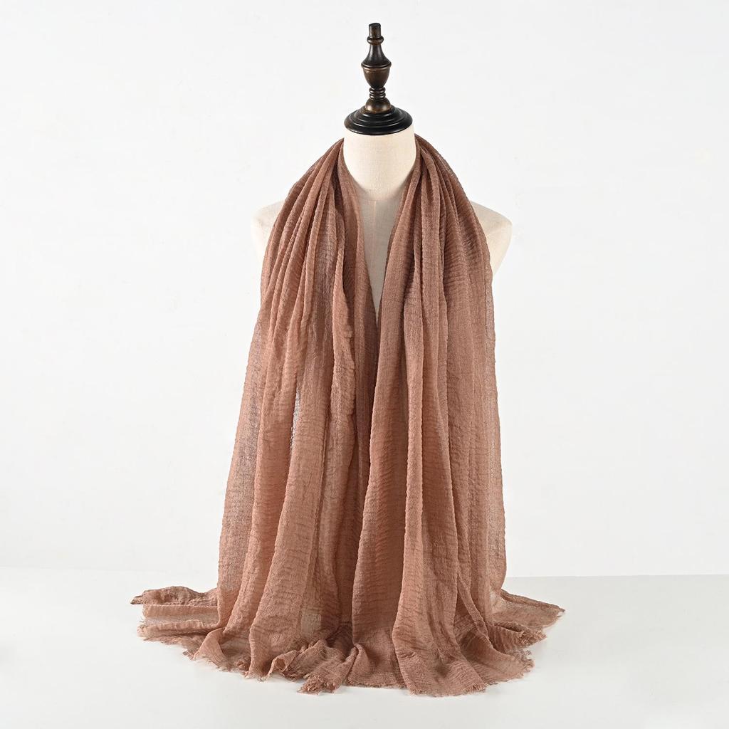 Crinkled Cotton-Linen Blend Scarf with Fringe - Solid Color, 90x180cm, Women's Headscarf