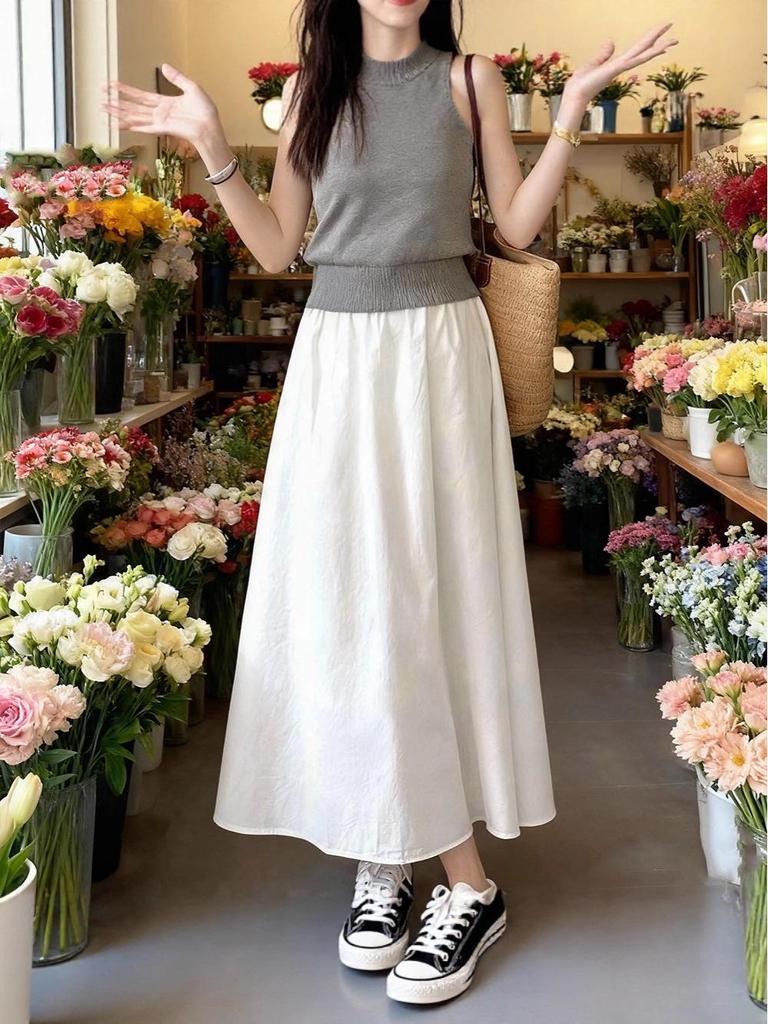 Women's High Waist White Slimming Midi Skirt - Elastic Waist, Fashionable Spring/Autumn