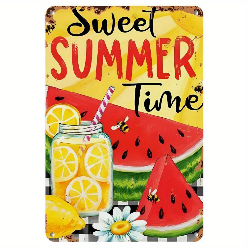 Vintage Summer Metal Wall Art  Lemonade  Watermelon Slice with Gingham Pattern  x Inch Retro Tin Sign for Home Caf