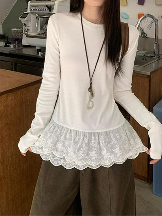 Women's Long Sleeve White Lace Trim Base Shirt - Korean Style Autumn/Winter 2025