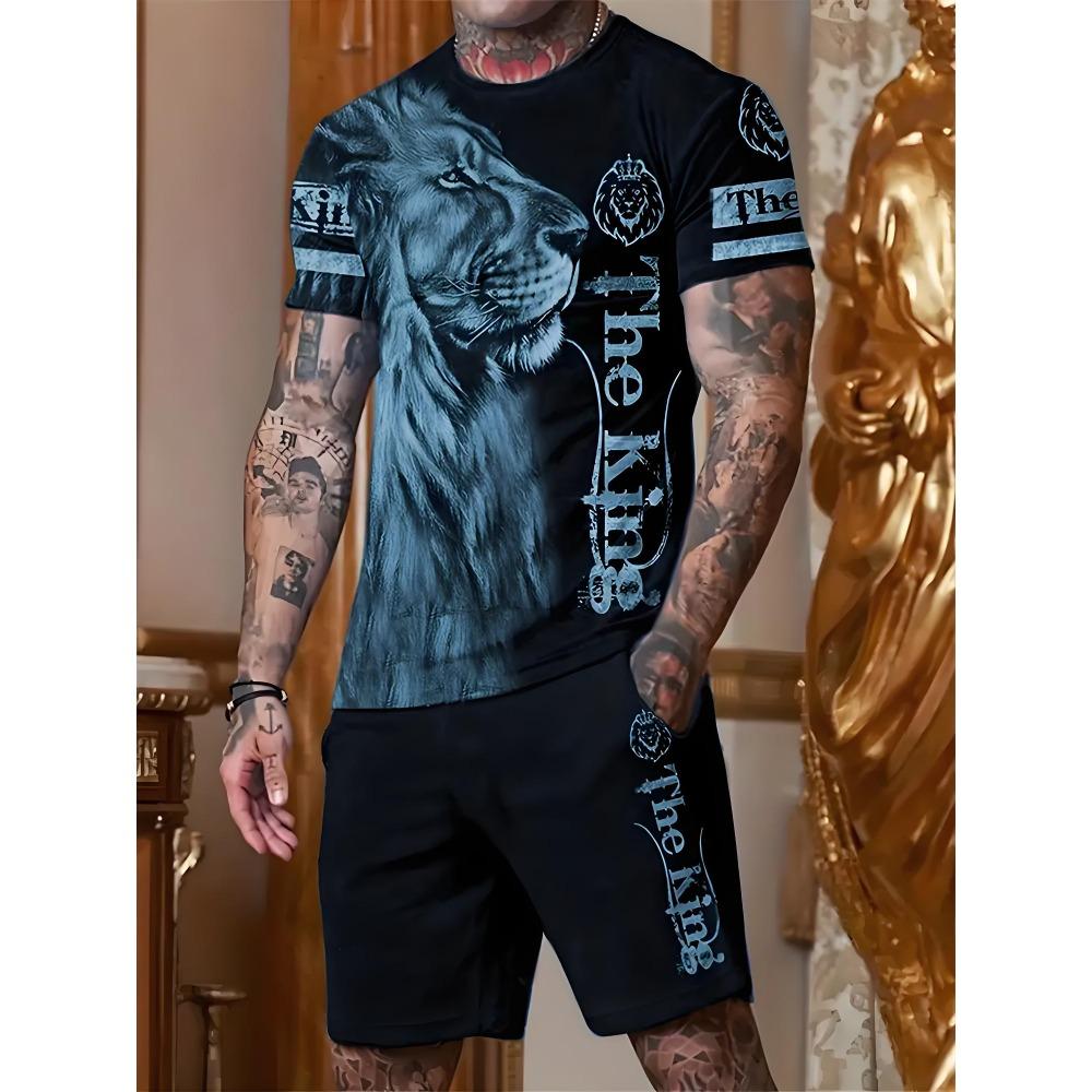 Fashion Lion Pattern Shorts Short Sleeved Set Men's Quick Drying Sports T-shirt Drawstring Shorts Two-piece Set Men's T-shirt