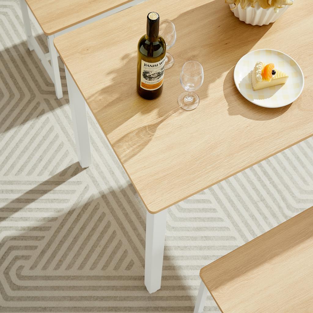 Set Tavolo da Pranzo, Tavolo da Bar con 2 Panche da Pranzo, Tavolo da Colazione Industriale per Cucina, Soggiorno, Sala Feste, Colore Naturale e Bianco