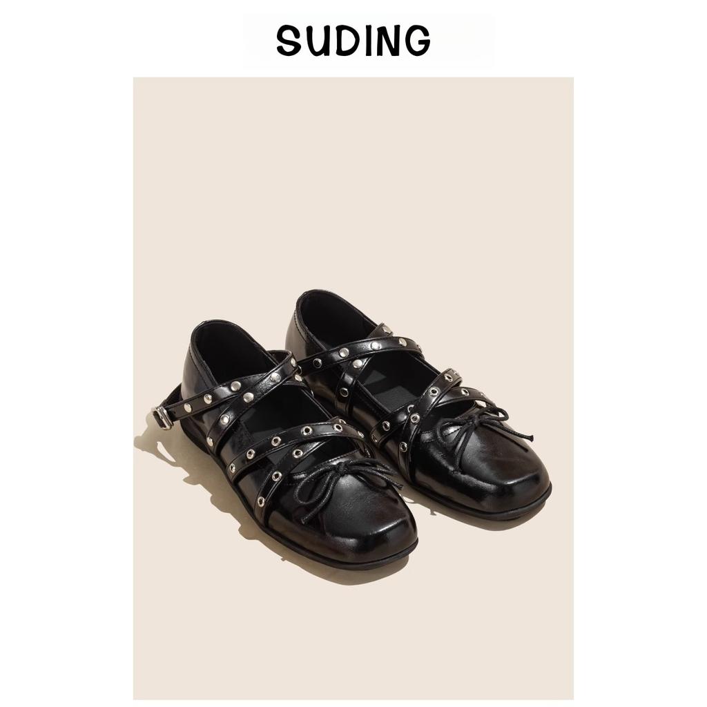 The owner's own version~ Red cross-strap bow small single shoes women's new shallow rivet flat-soled ballet shoes