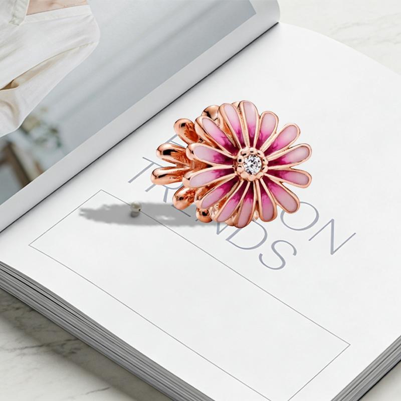 Original Charm Beads,Rose Gold Series,Pink Daisy&Openwork Pink Daisy Flower Charm Beads Fit Pendant Bracelet Women Jewelry Gift