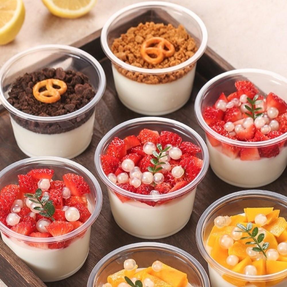 100pcs Leakproof Disposable Cups with Flat Lids Clear Pudding Bowl Ice Cream Container Party Use