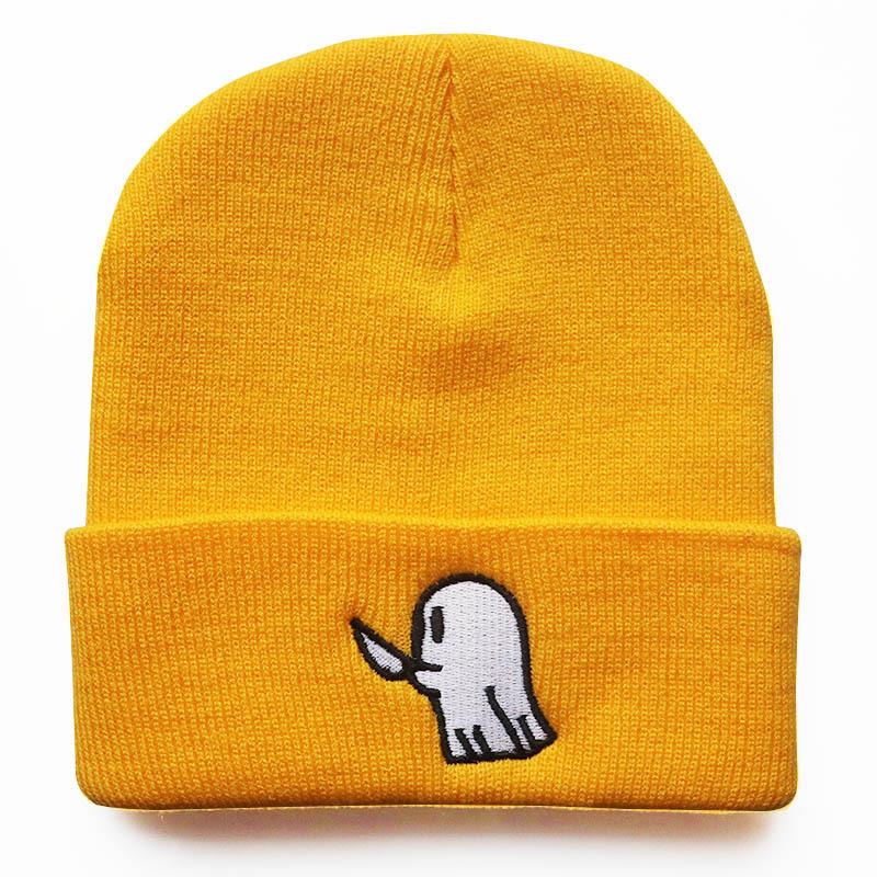 Unisex Student Hip-hop Cute Cartoon Hat with Ghost Embroidery, Knitted Beanie, Outdoor Sports Warm Hat