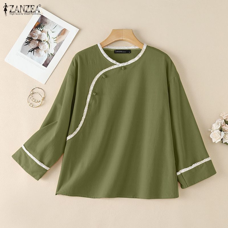 ZANZEA Women Lace Splice Round Neck Casual 3/4 Sleeve Cotton Blouse