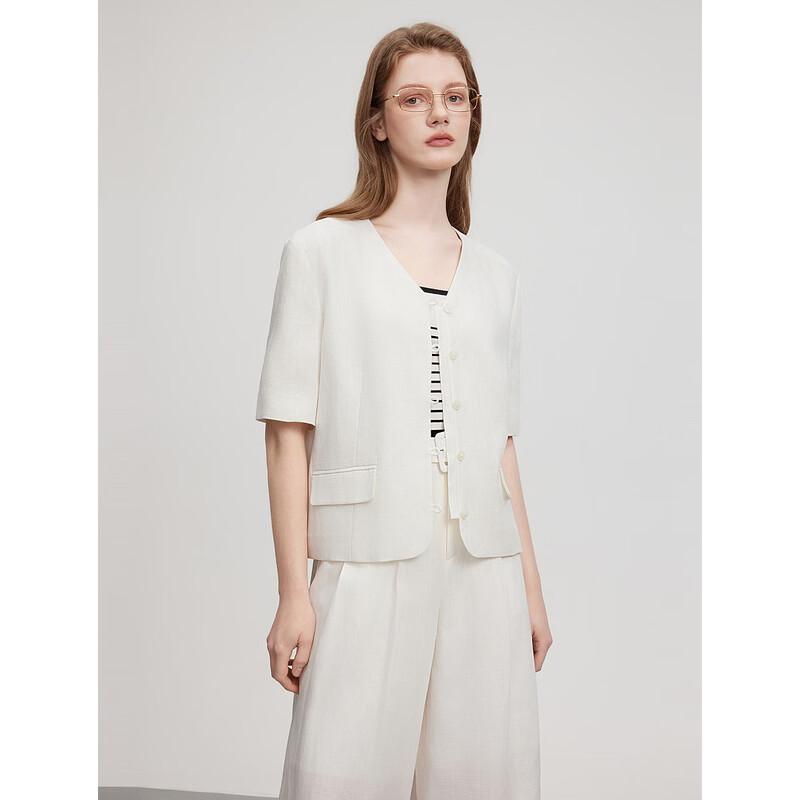ELLE Women s French Style Linen Tencel Short Sleeve Jacket L