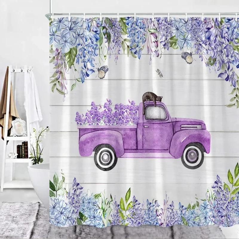 Rustic Bathroom Decor Shower Curtain Watercolor Blue Purple Flowers Truck White Wooden Planks Background Farmhouse Bath CurXT6