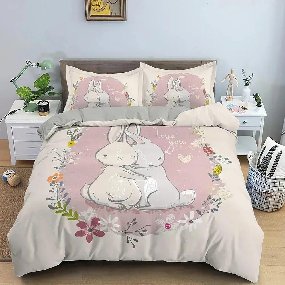 Cartoon Animal Rabbit Duvet Cover Bedding Set Printed Quilt Cover Bedroom King Queen Full Polyester Bedclothes Home Decor Size