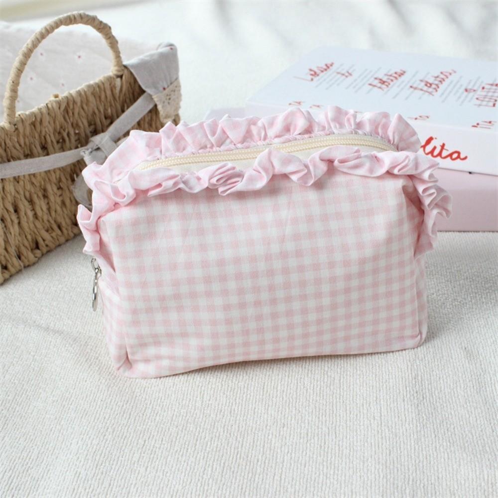 Gingham Plaid Ruffle Edge Makeup Bag Large Capacity Toiletry Bag Plaid Pattern Cosmetic Bag  Travel