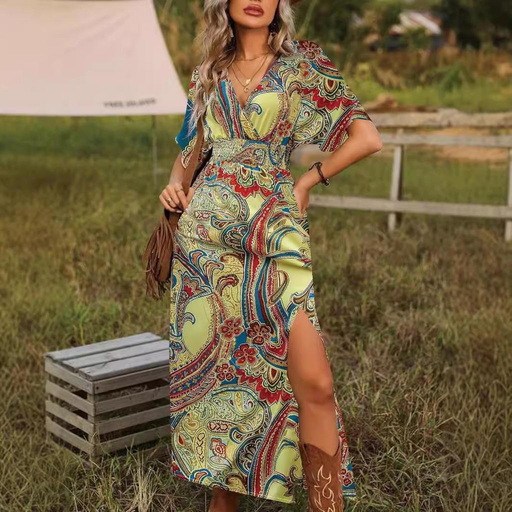 European and American autumn new fashion v-neck loose bohemian print split dress