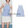Autumn New Women's Clothing Casual Wind Ruched Decoration Suspender Stripes Poplin Hanging Collar Tops 4764135