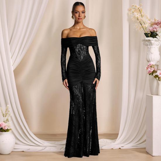 Dámské maxi šaty s odhalenými rameny a dlouhým rukávem, květinová krajka, průsvitná síťovina, řasené bodycon šaty, sexy formální večerní párty, svatební host