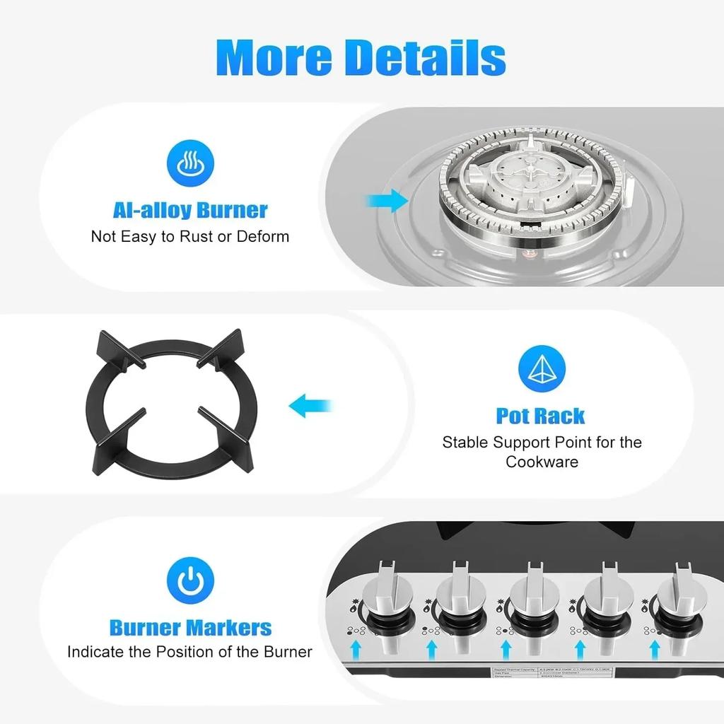 5 Fire Gas Stove Gas Stove with Automatic Thermoelectric Protection, Natural Gas/propane, Black Glass, Used In Family Kitchen