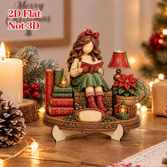 Retro Christmas Centerpieces Book Lover Gifts for Women, Just A Girl Who Loves Wooden Plaque, Winter Home Decor 2D Flat Reading Block Sign with Stand