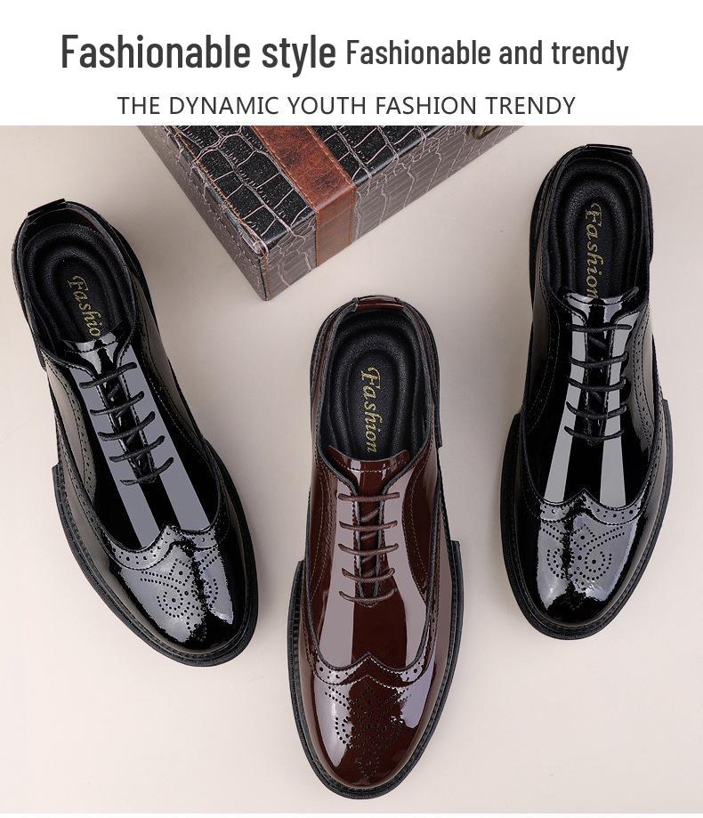 Men's Round Toe Brogue Carved Leather Shoes - British Style, Formal Business, Casual, Thick Sole, Shiny Finish.