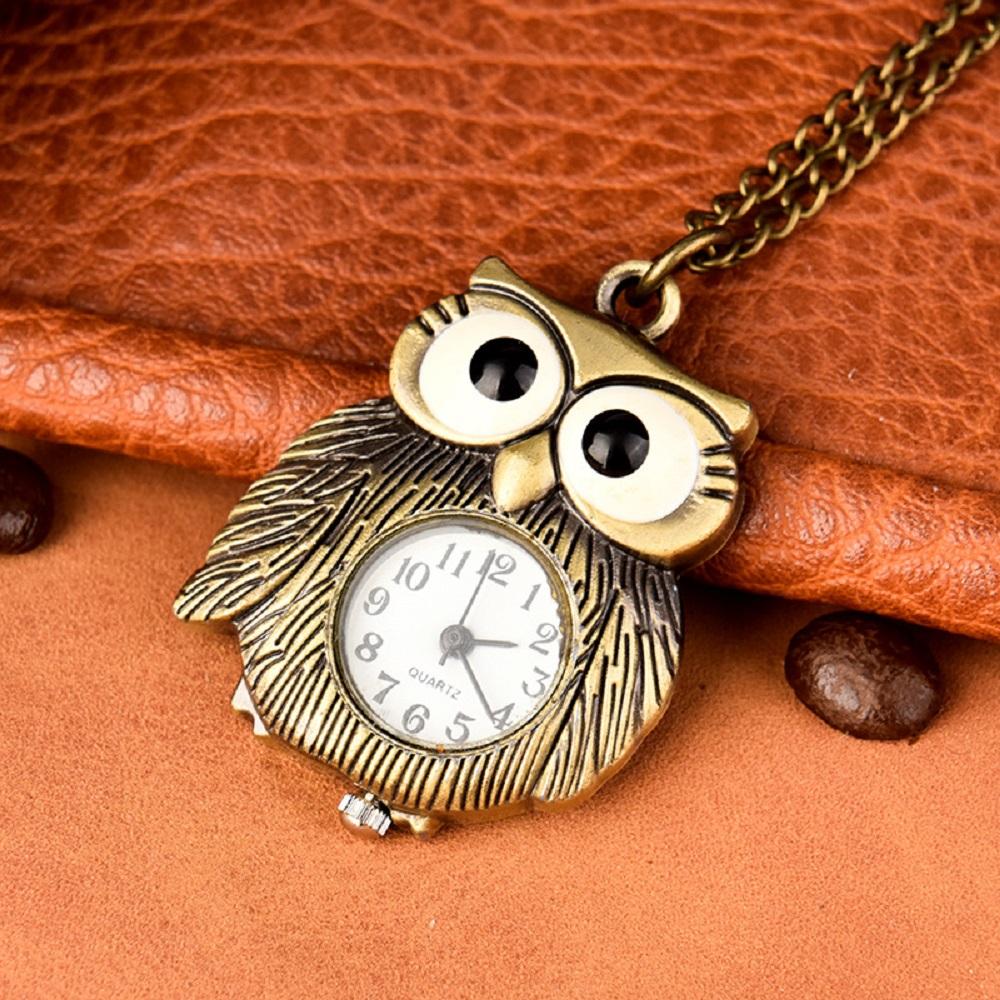 Cartoon Women's Man Owl Pocket Watch Cute Mini Antique Bronze Color Quartz Necklace Pocket Watch For Giving Family Birthday Gift