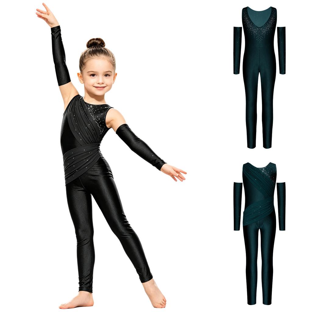 Girls Sparkly Rhinestone Dance Bodysuit Sleeveless U Back Mesh Overlay Ruched with Detachable Arm Sleeves for Gymnastics Competition