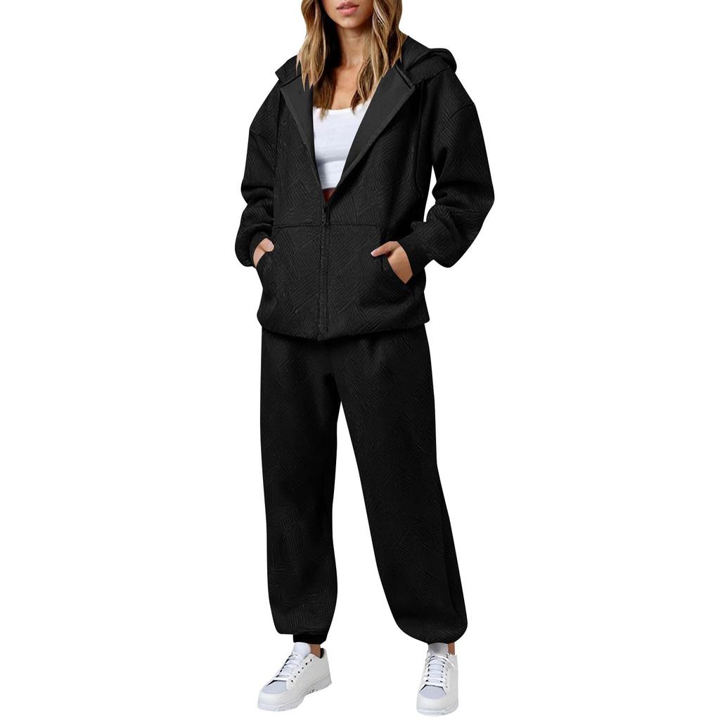 Women's Fashion Casual Long-Sleeve Solid-Color Hooded Cardigan With Zipper Top And Pants Two-Piece Set