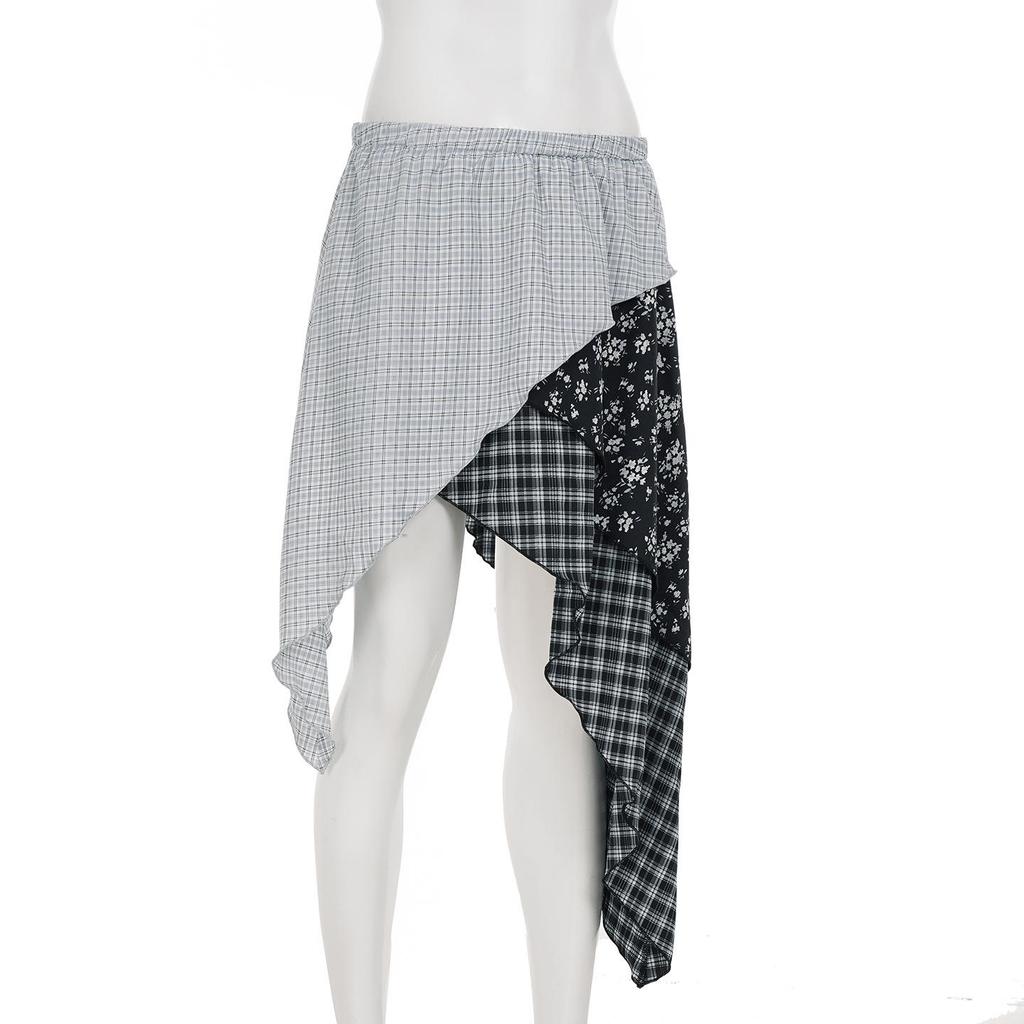 Spring/Summer Women's Low-Waist Plaid & Floral Patchwork Irregular Hem Skirt