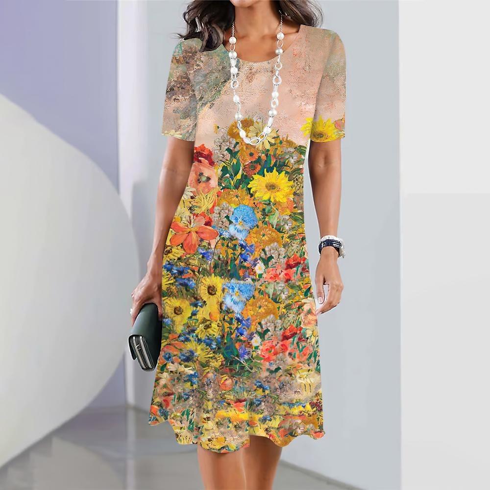 2026 Summer New Fashion Floral Print Short-sleeved Dress Women's Elegant Casual Dress