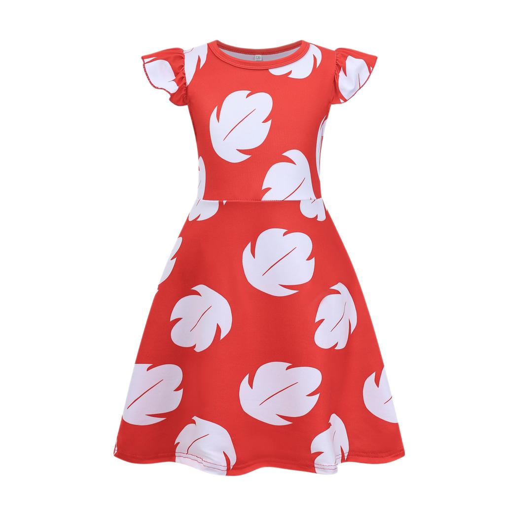 New children's girls' dress cosplay Liluo red dress with flutter sleeves and leaf print