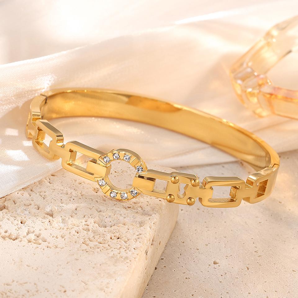 Htpwe Stainless Steel Chain Inlaid Zirconium Floor Glossy Bracelet Women's 18k Gold Couple Holiday Gift Bracelet Daily Zircon
