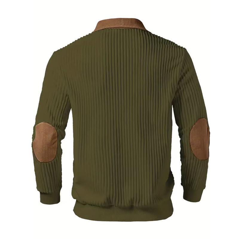 Men Quarter Zip Shirt Long Sleeve Turndown Collar Pullover Color Block Jacquard Sweatshirt with Elbow Patches for Daily Wear