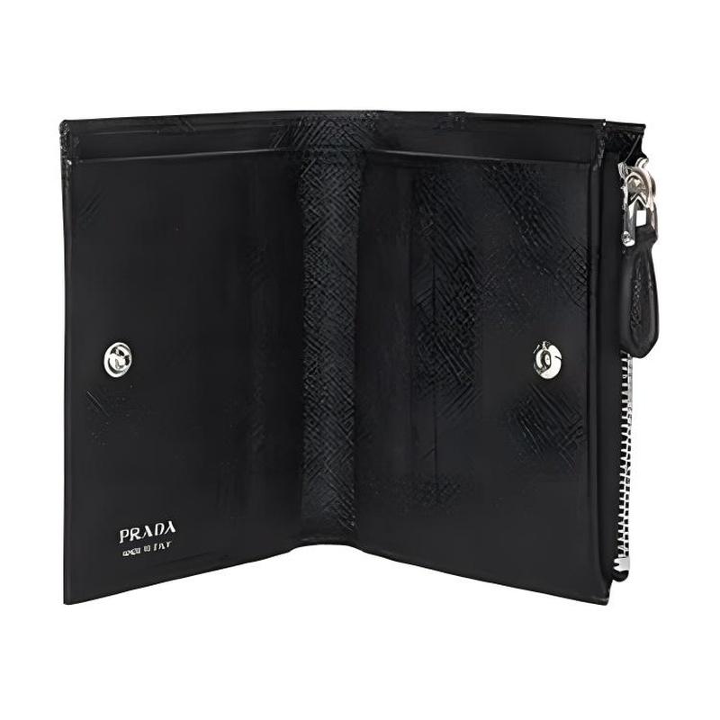 Prada Saffiano Enamel Metal Triangle Logo Snap Closure Natural Leather Wallet Women's Black