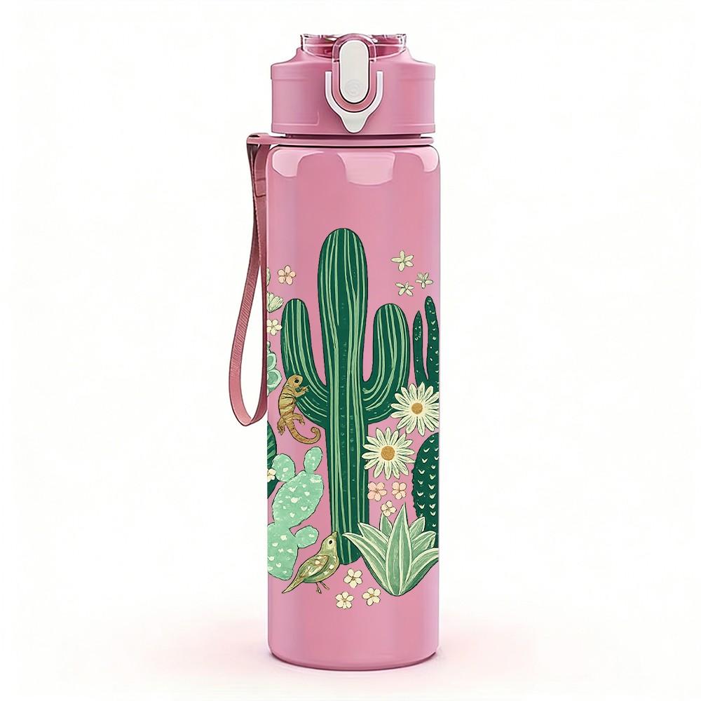 1PC Desert Cactus Plant Art Print 750ml Color Plastic Sports Water Bottle Leakproof Flip Straw Lid Suitable for Sports Office Home Use