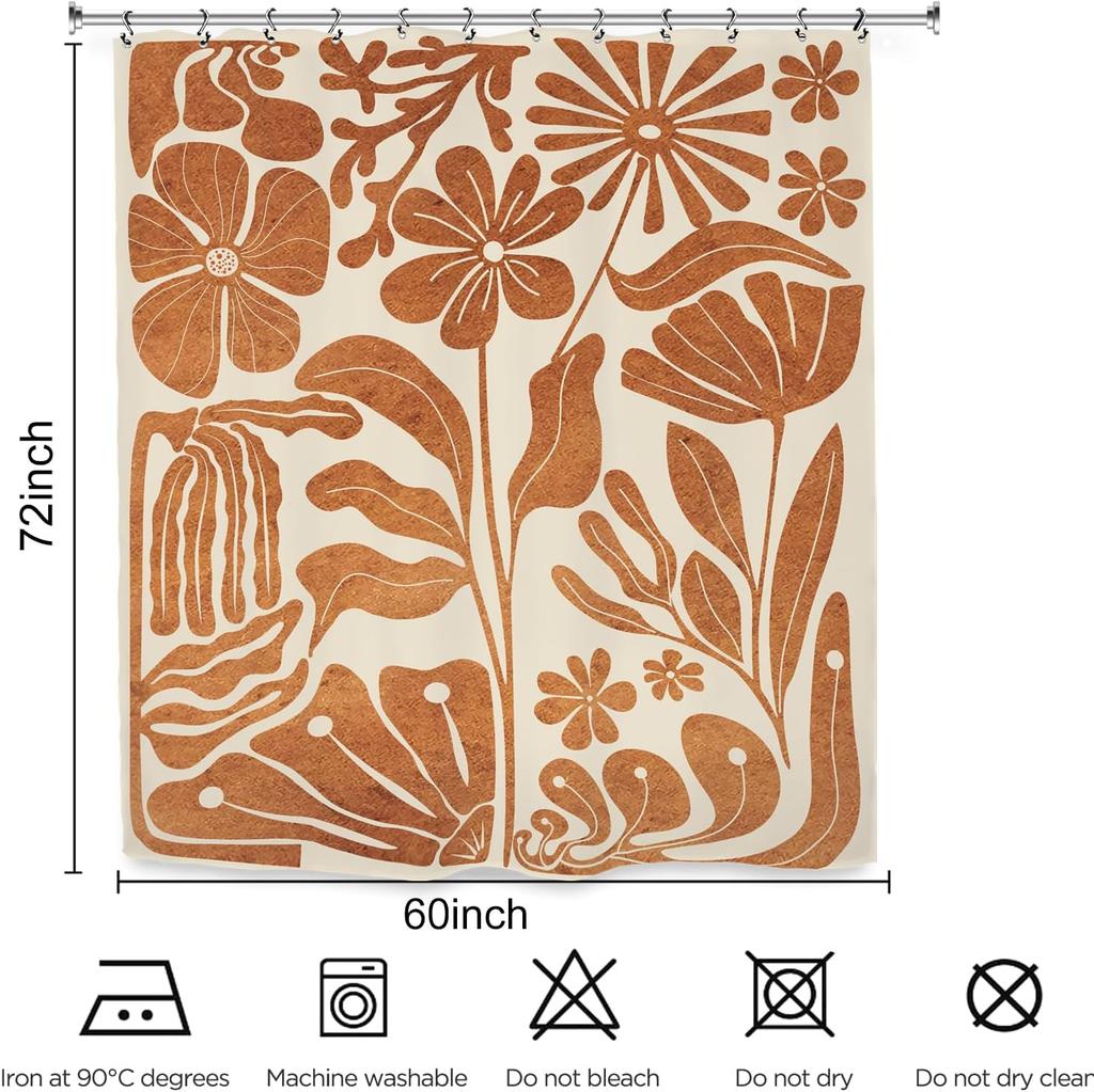Rustic Brown Floral Plant Shower Curtain Earth Tone Bohemian Style 72x72 Inches