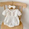 Cotton Baby Girl Short Sleeve Romper with Floral Embroidery Round Neck One Piece Outfit for Summer