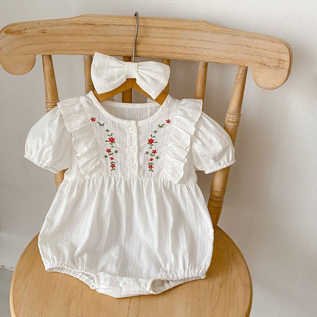 Cotton Baby Girl Short Sleeve Romper with Floral Embroidery Round Neck One Piece Outfit for Summer