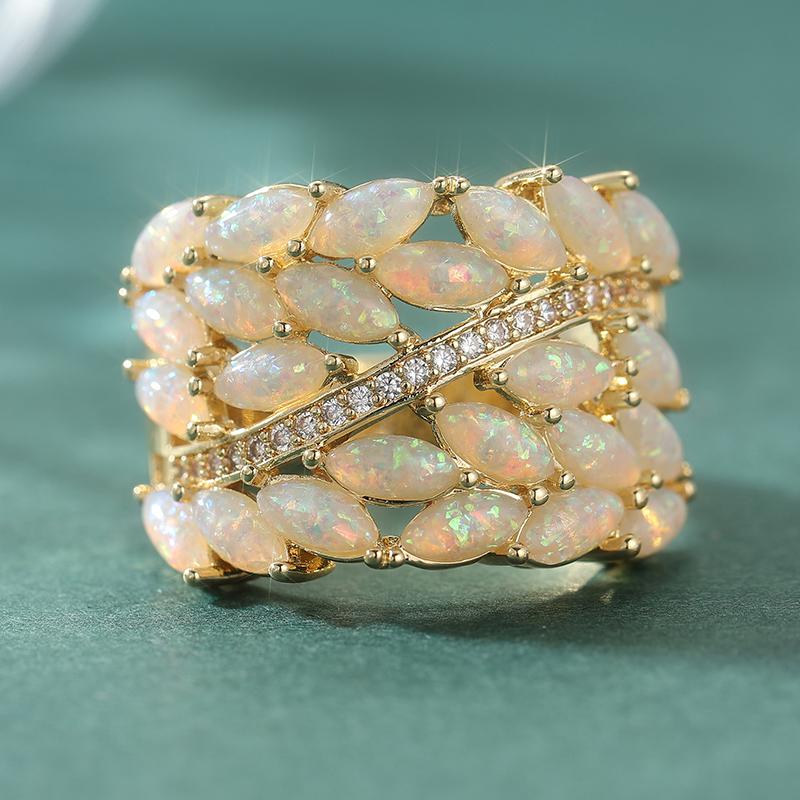 Luxury Inlaid White CZ Imitation Opal Women's Ring Dazzling Gold Color Geometry Daily Wear Party Jewelry Anniversary Gift