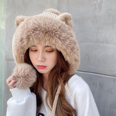 Woolen Cat Ears Beanie Fluffy Ear Protection Hat Cute Winter Plush Hat  Female/Girls