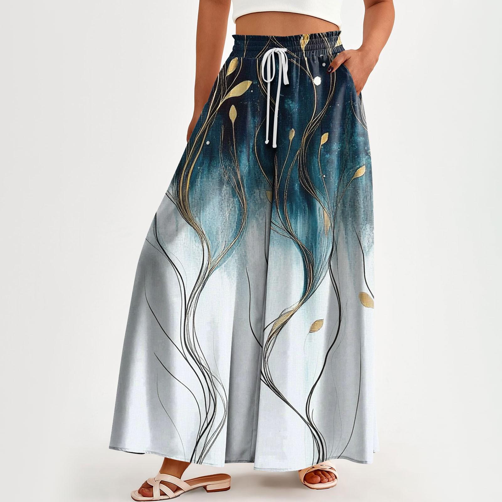 

Женские брюки с высокой талией, широкие, повседневные, струящиеся брюки-палаццо, брюки с цветочным принтом и карманом M